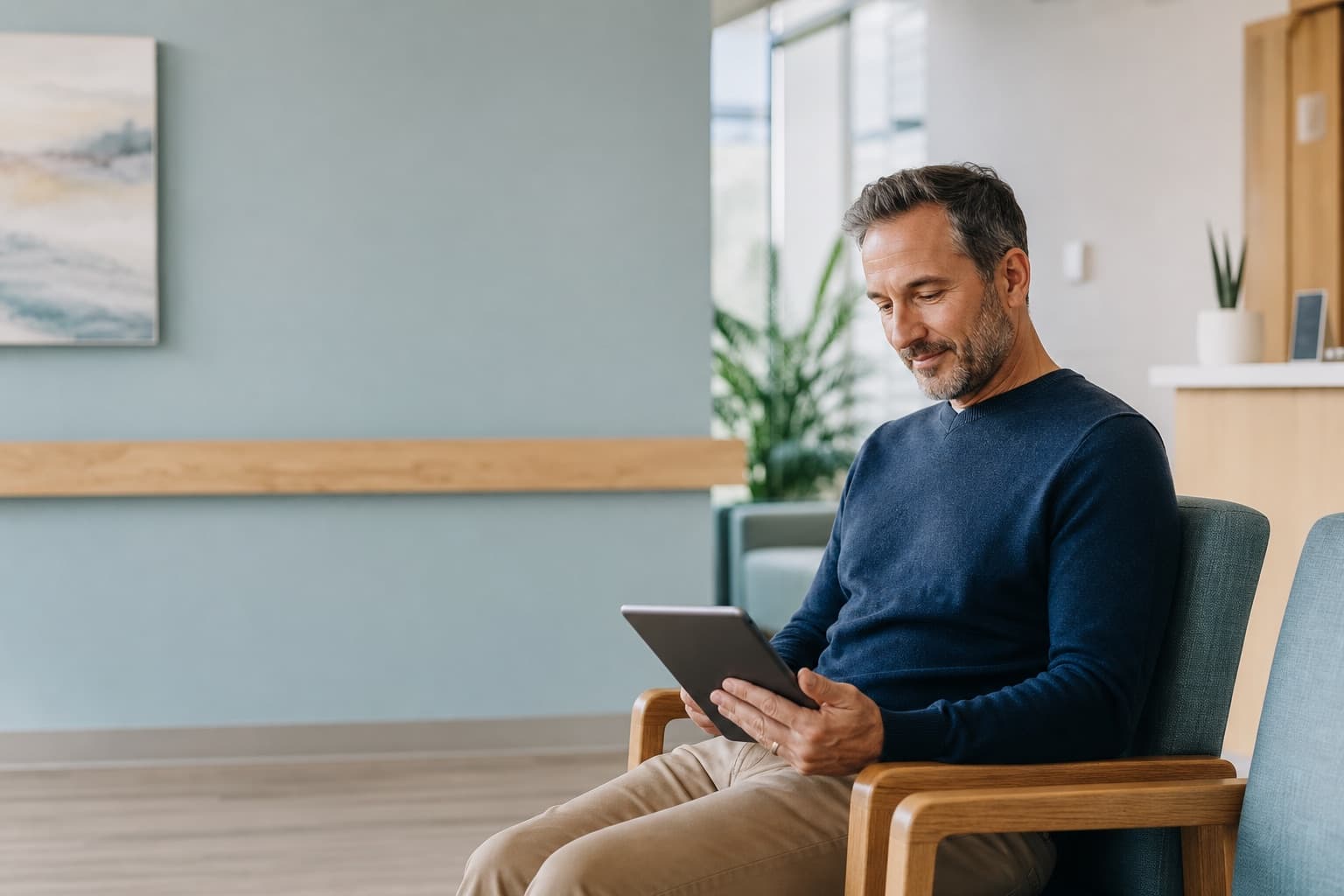 Adult male patient completing a digital healthcare assessment on a tablet